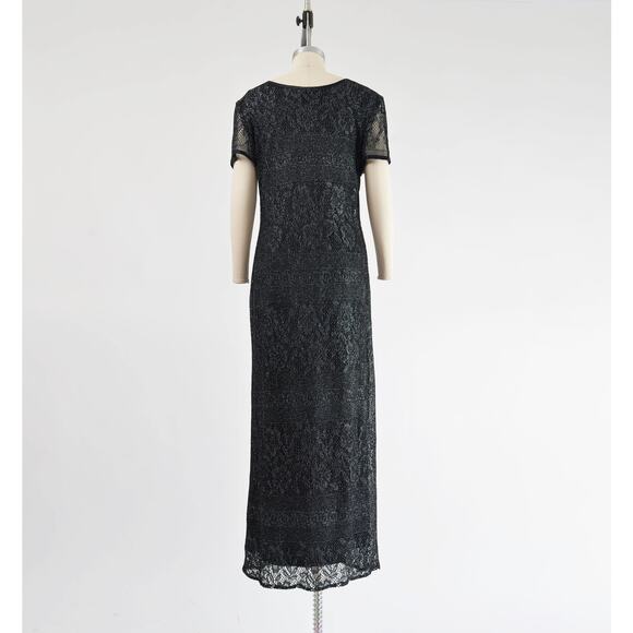 Vintage 90s Black Sheer Lace Metallic Silver Boho Whimsigoth Maxi Dress M L - Picture 6 of 9